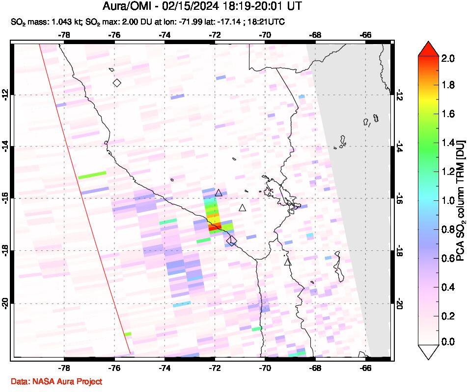 A sulfur dioxide image over Peru on Feb 15, 2024.