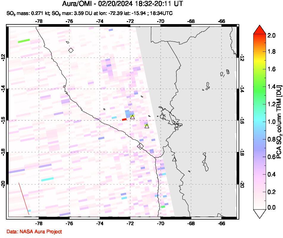 A sulfur dioxide image over Peru on Feb 20, 2024.