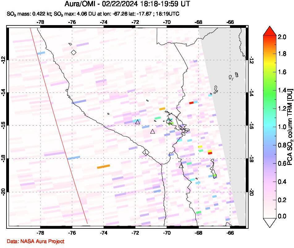A sulfur dioxide image over Peru on Feb 22, 2024.