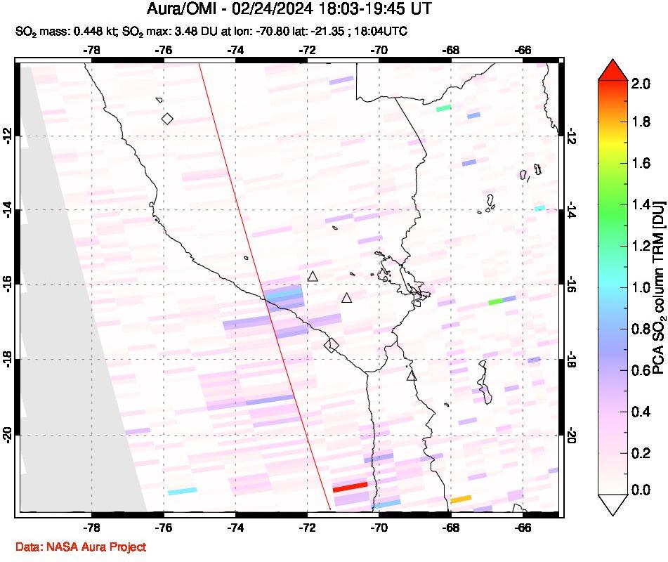 A sulfur dioxide image over Peru on Feb 24, 2024.