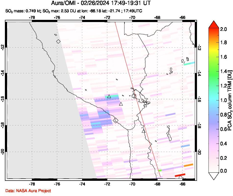 A sulfur dioxide image over Peru on Feb 26, 2024.