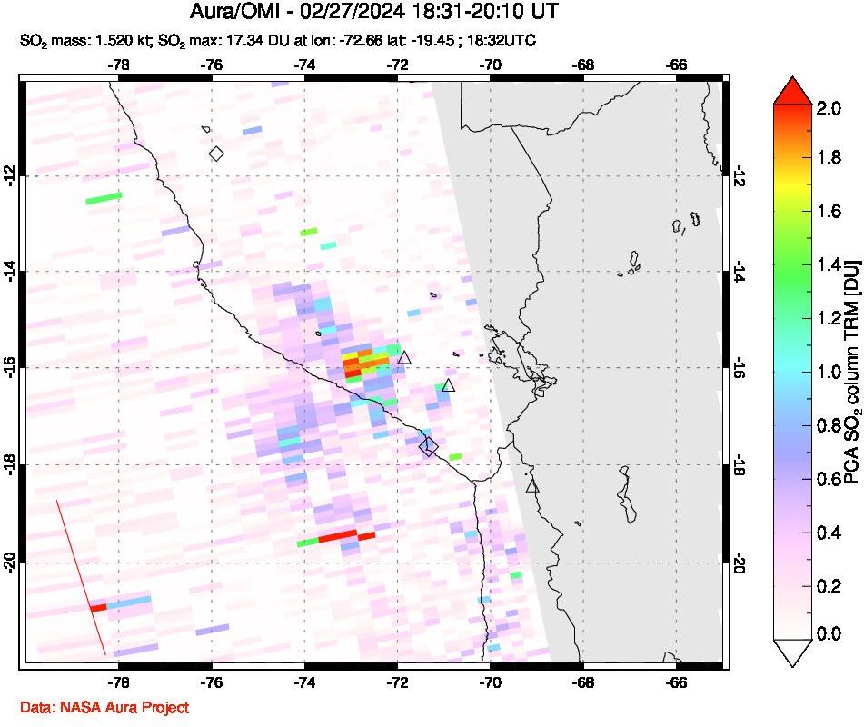 A sulfur dioxide image over Peru on Feb 27, 2024.