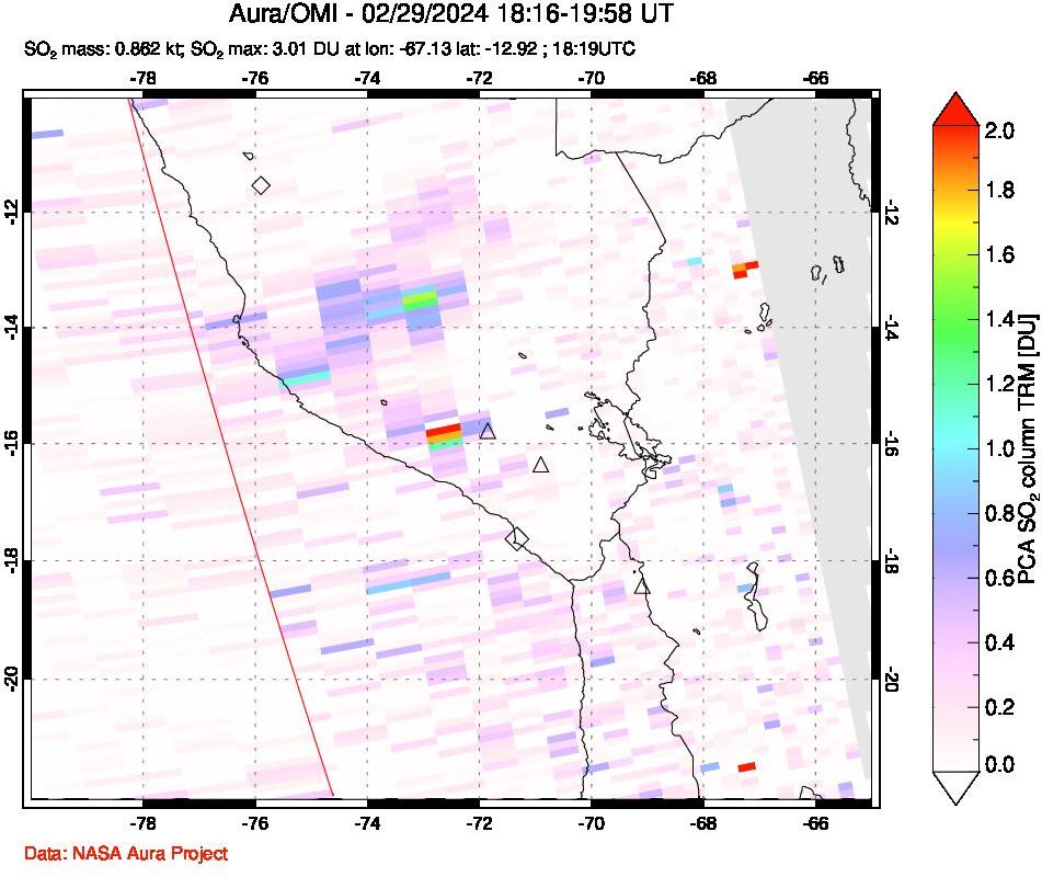 A sulfur dioxide image over Peru on Feb 29, 2024.
