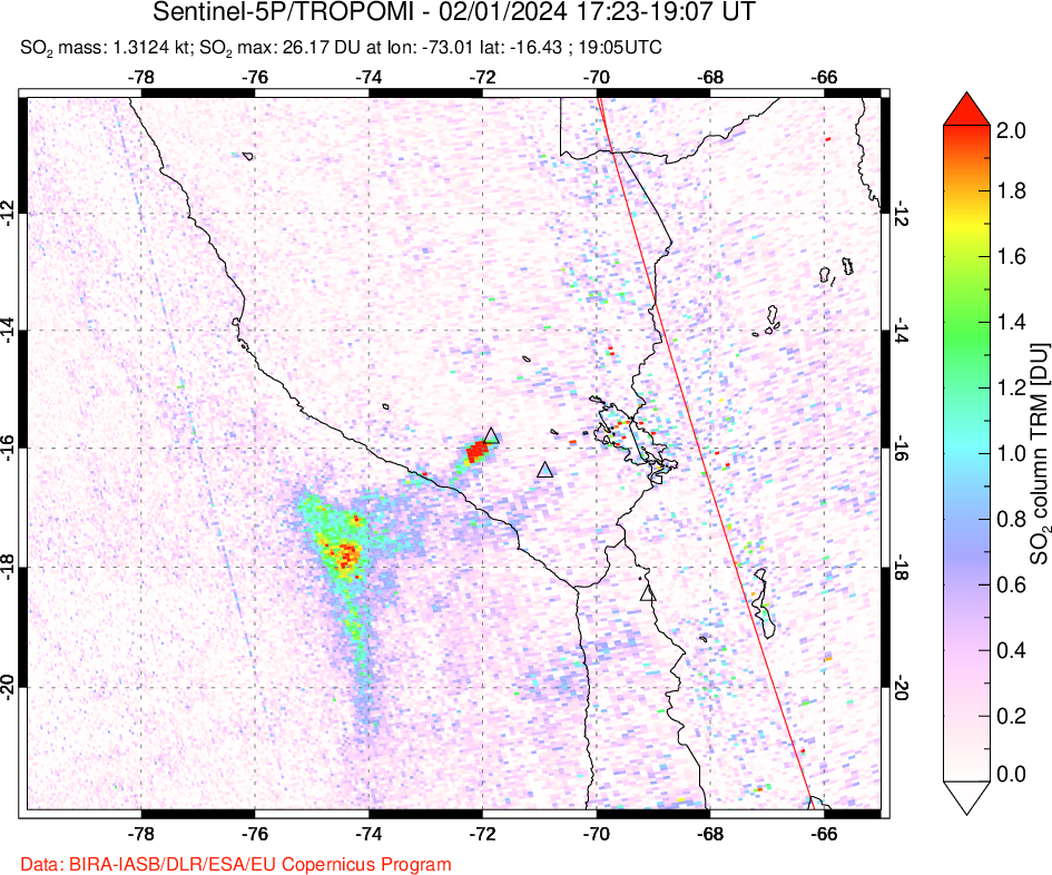 A sulfur dioxide image over Peru on Feb 01, 2024.