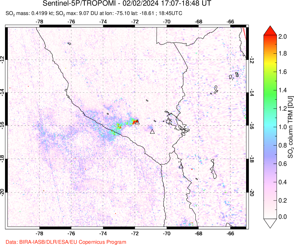 A sulfur dioxide image over Peru on Feb 02, 2024.