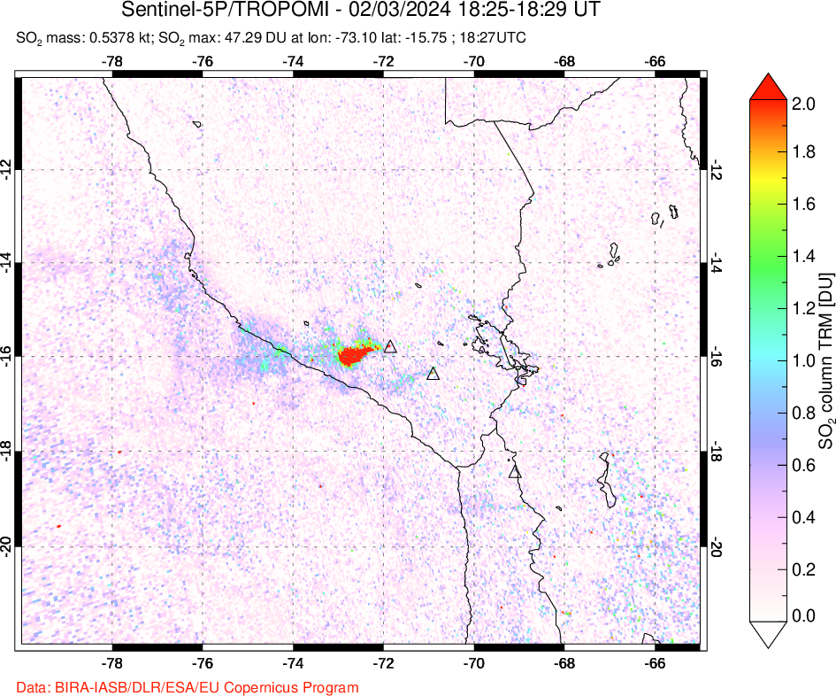 A sulfur dioxide image over Peru on Feb 03, 2024.