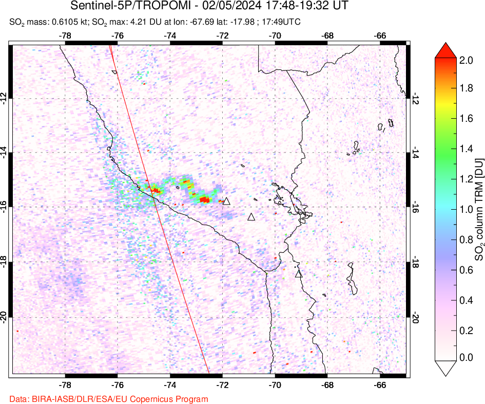 A sulfur dioxide image over Peru on Feb 05, 2024.