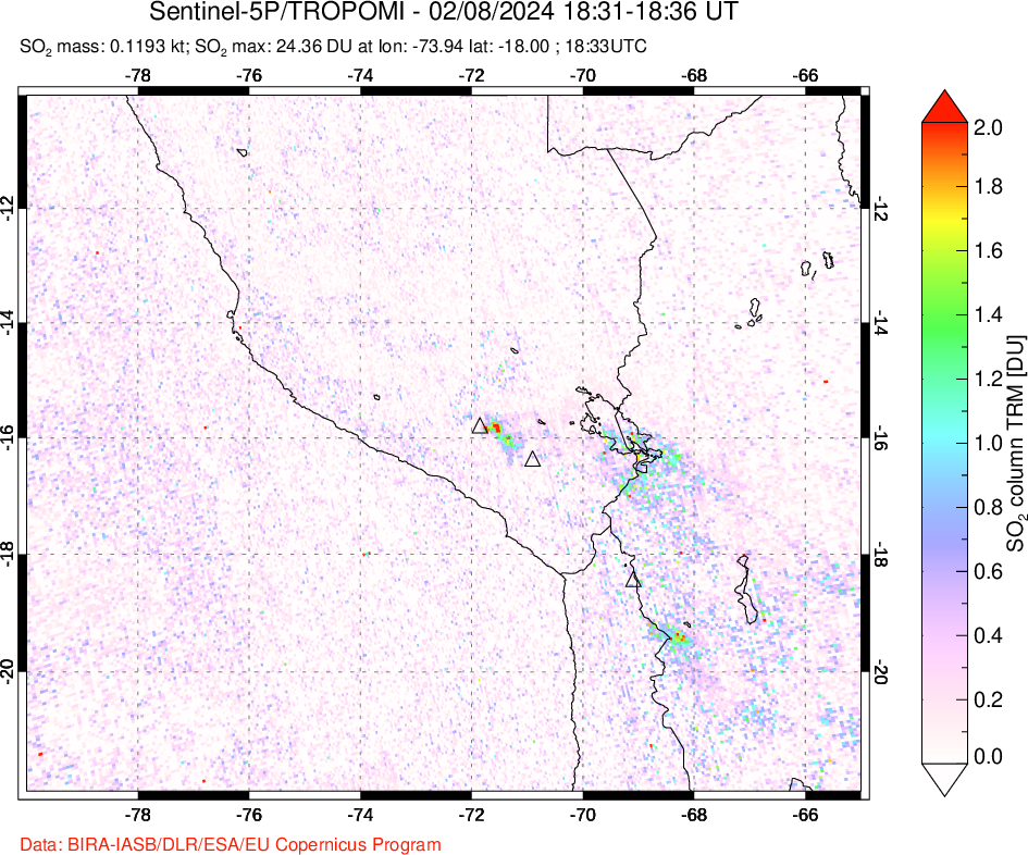 A sulfur dioxide image over Peru on Feb 08, 2024.