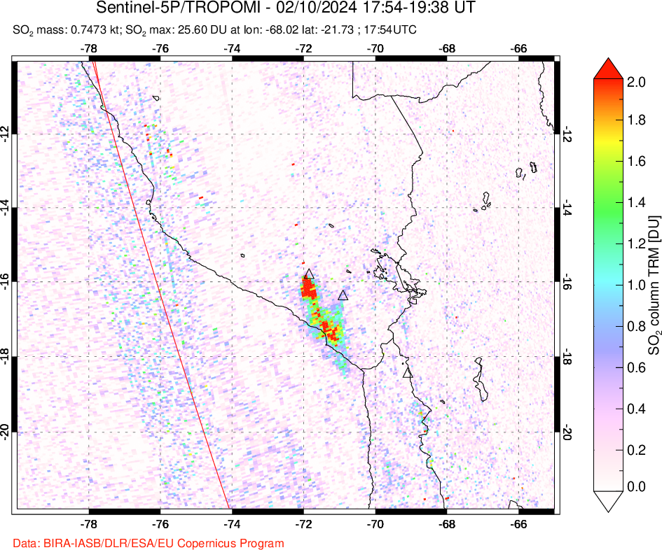 A sulfur dioxide image over Peru on Feb 10, 2024.