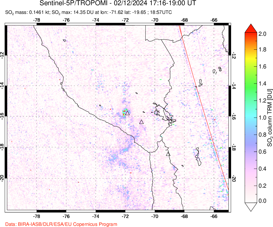 A sulfur dioxide image over Peru on Feb 12, 2024.