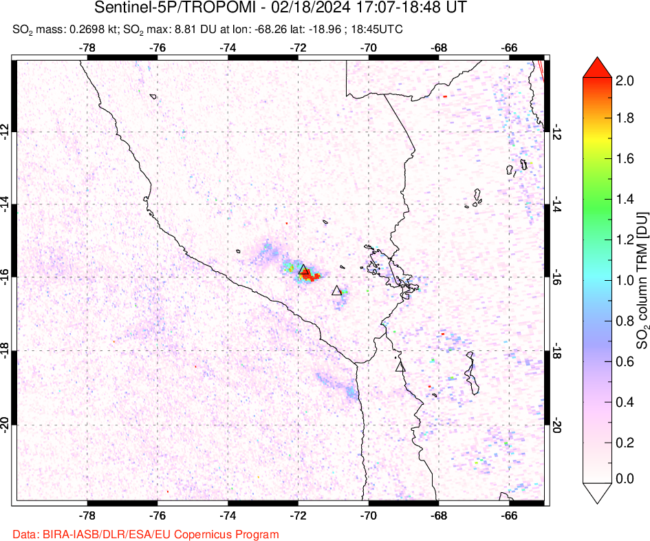 A sulfur dioxide image over Peru on Feb 18, 2024.