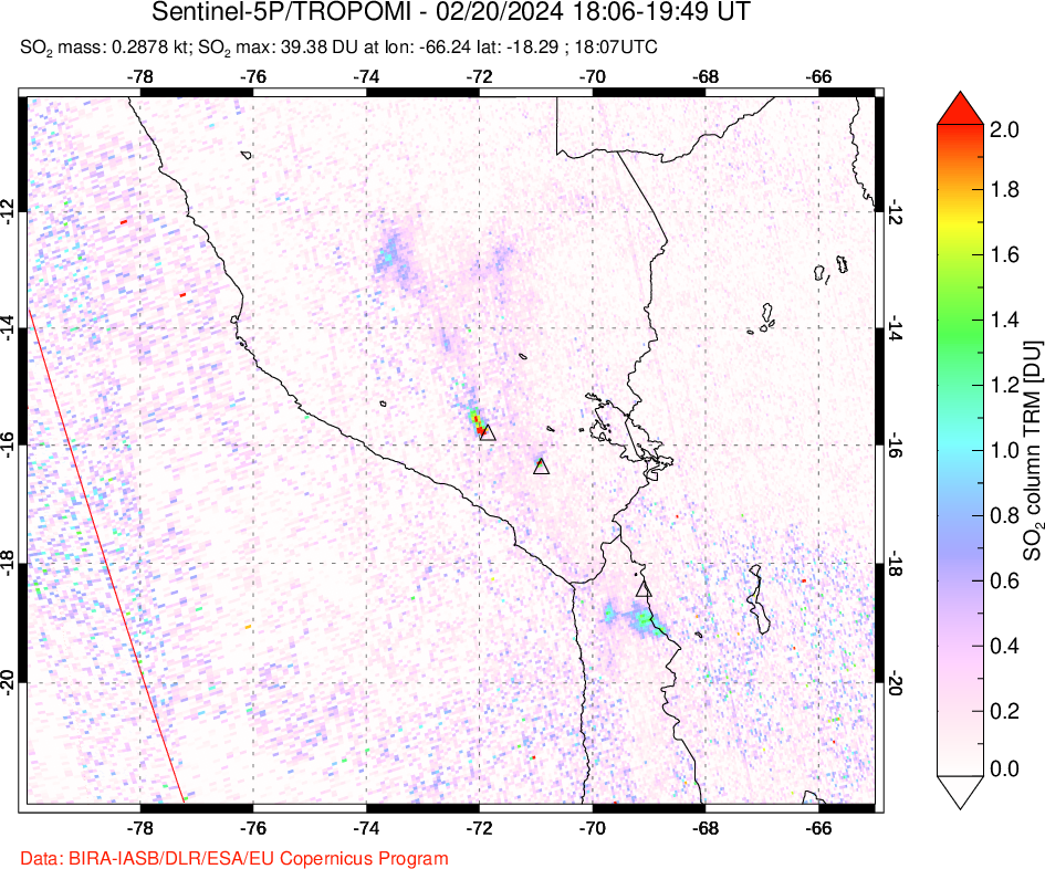 A sulfur dioxide image over Peru on Feb 20, 2024.