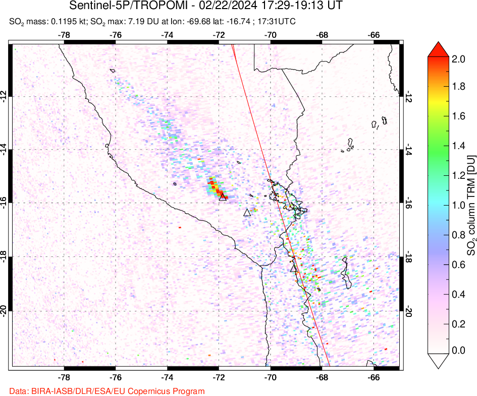 A sulfur dioxide image over Peru on Feb 22, 2024.