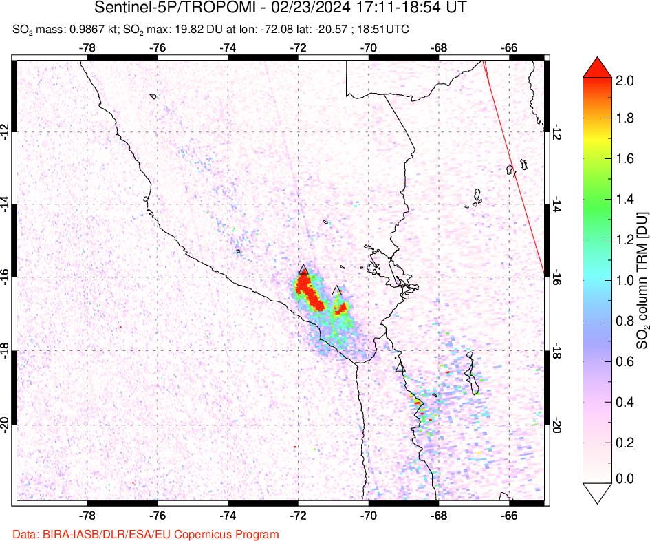 A sulfur dioxide image over Peru on Feb 23, 2024.