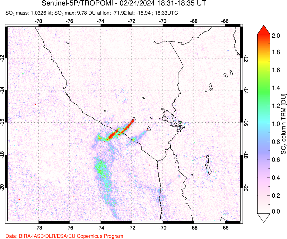 A sulfur dioxide image over Peru on Feb 24, 2024.