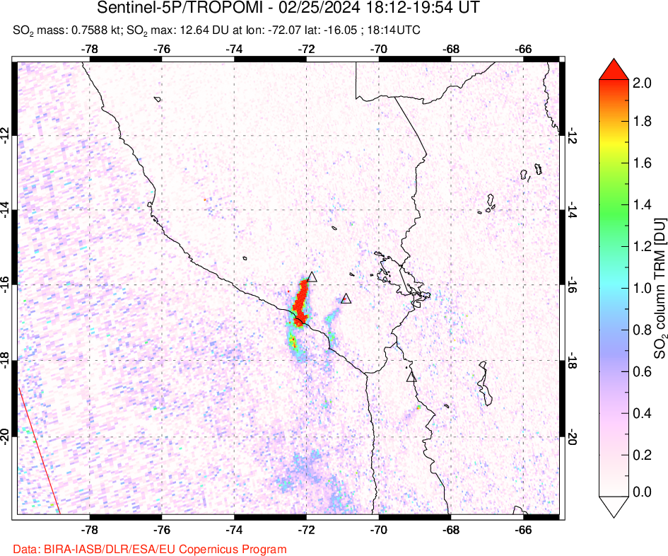 A sulfur dioxide image over Peru on Feb 25, 2024.