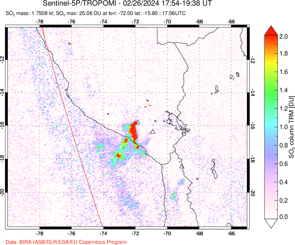 A sulfur dioxide image over Peru on Feb 26, 2024.