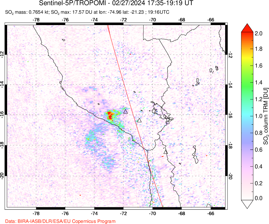 A sulfur dioxide image over Peru on Feb 27, 2024.