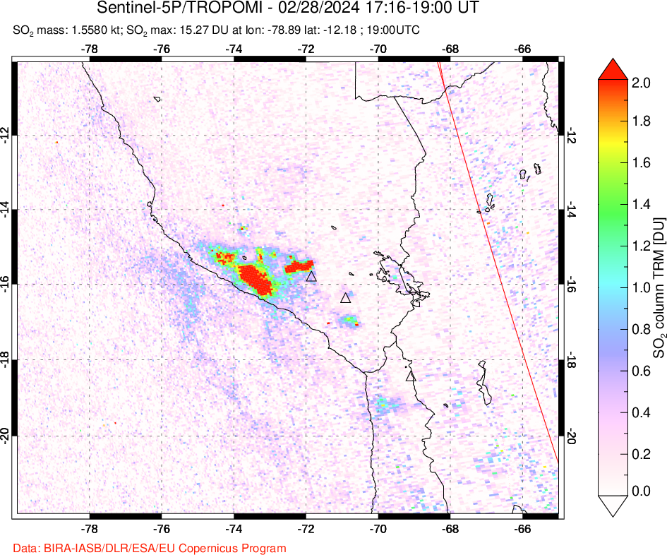 A sulfur dioxide image over Peru on Feb 28, 2024.