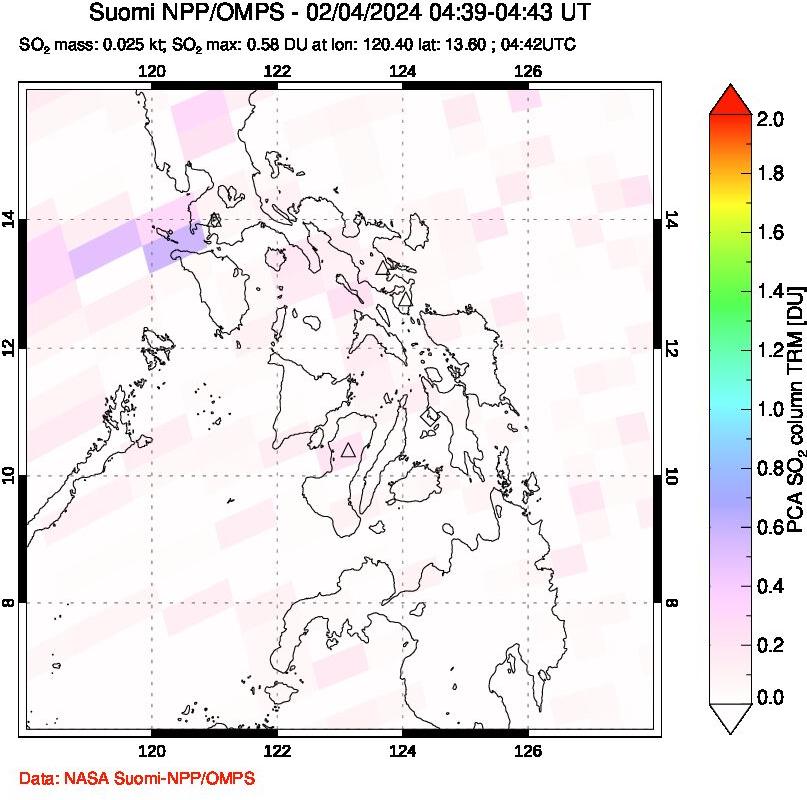 A sulfur dioxide image over Philippines on Feb 04, 2024.