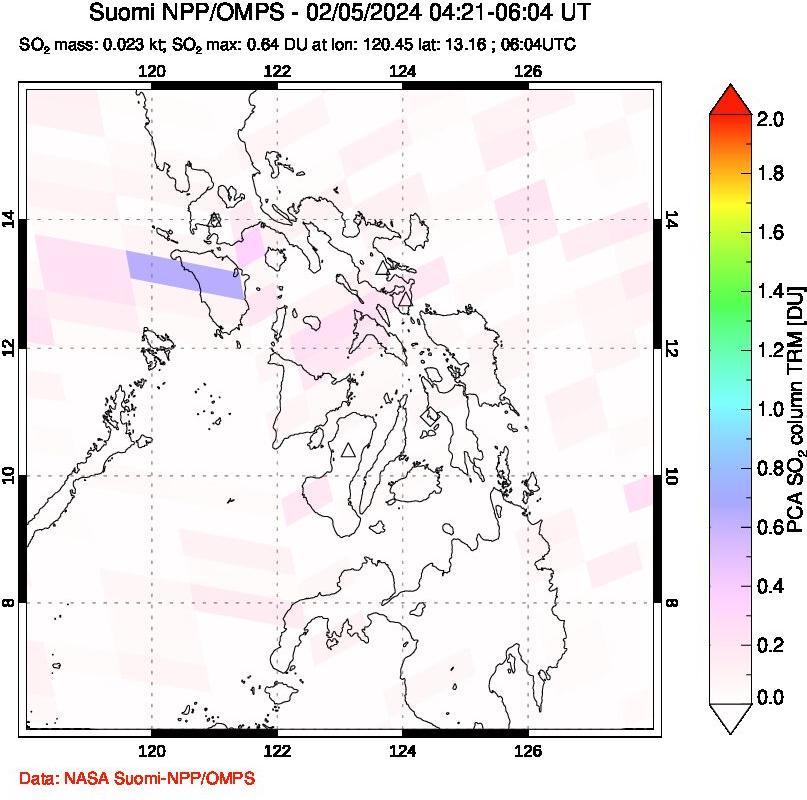 A sulfur dioxide image over Philippines on Feb 05, 2024.