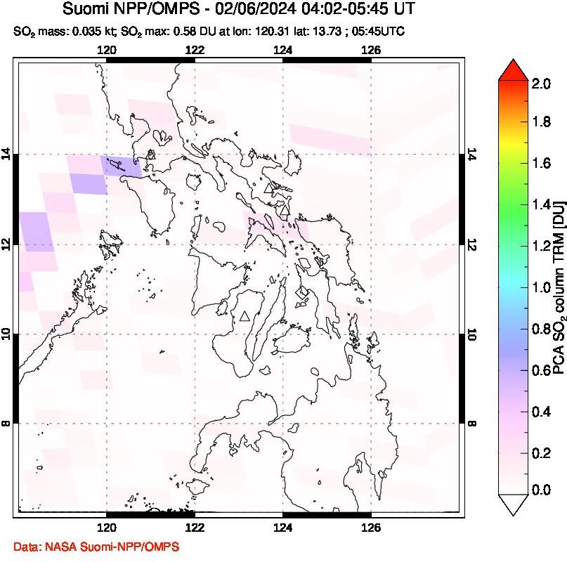 A sulfur dioxide image over Philippines on Feb 06, 2024.