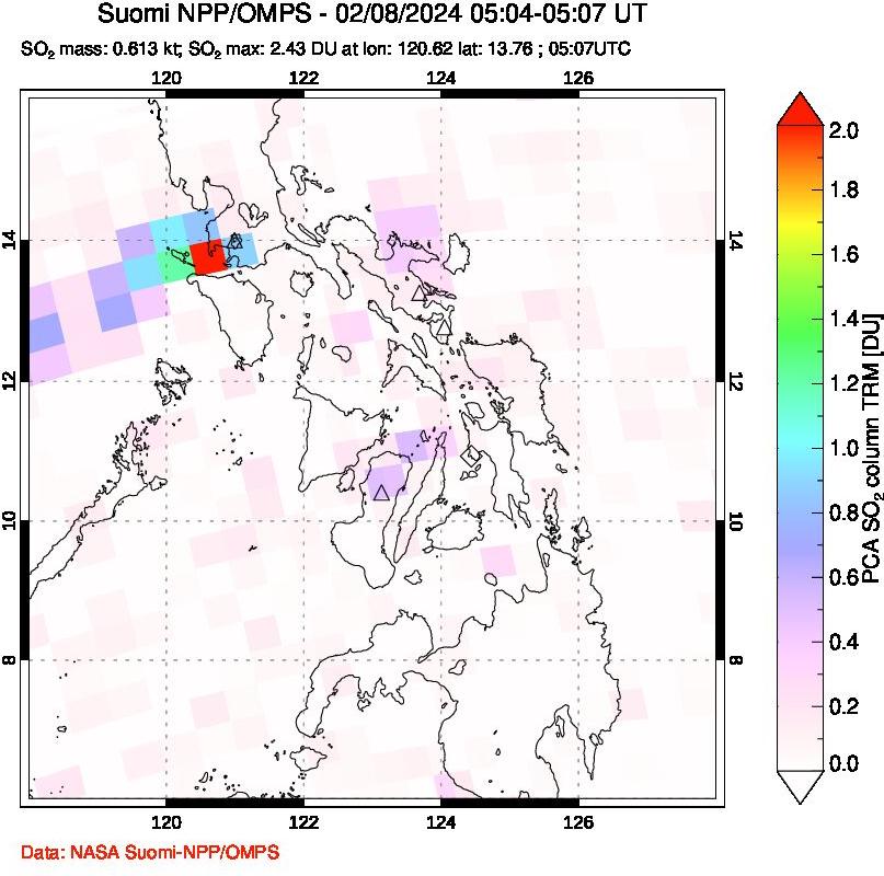 A sulfur dioxide image over Philippines on Feb 08, 2024.