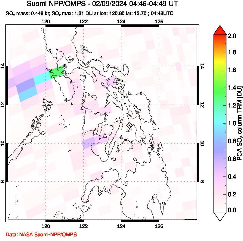 A sulfur dioxide image over Philippines on Feb 09, 2024.