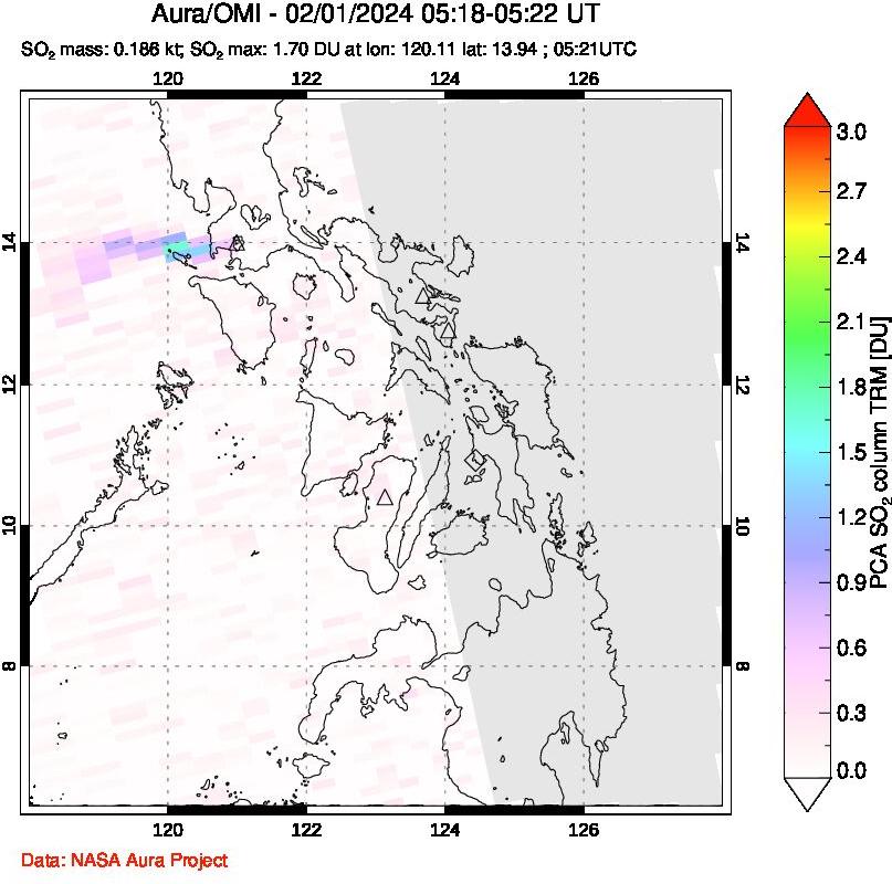 A sulfur dioxide image over Philippines on Feb 01, 2024.