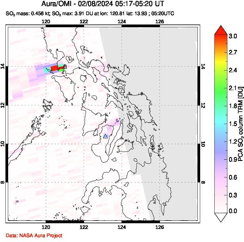 A sulfur dioxide image over Philippines on Feb 08, 2024.