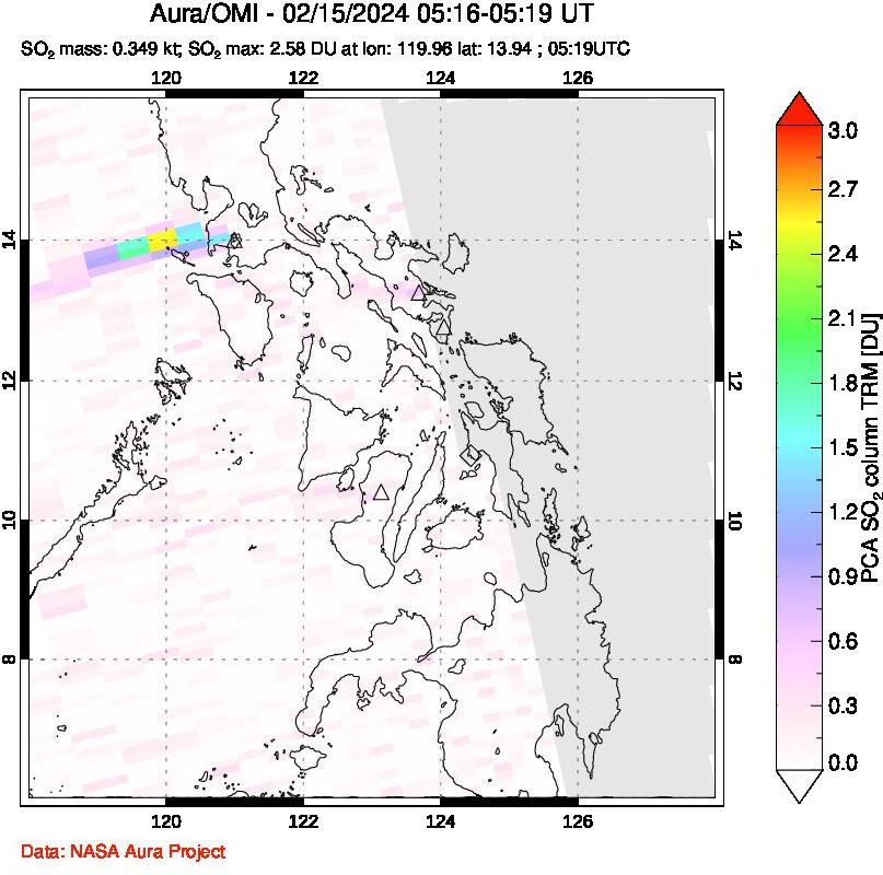A sulfur dioxide image over Philippines on Feb 15, 2024.