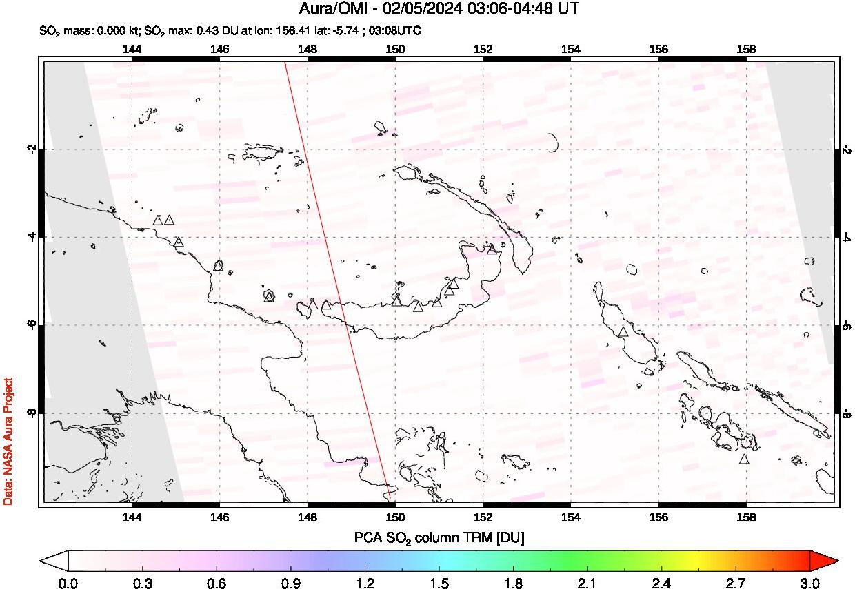 A sulfur dioxide image over Papua, New Guinea on Feb 05, 2024.
