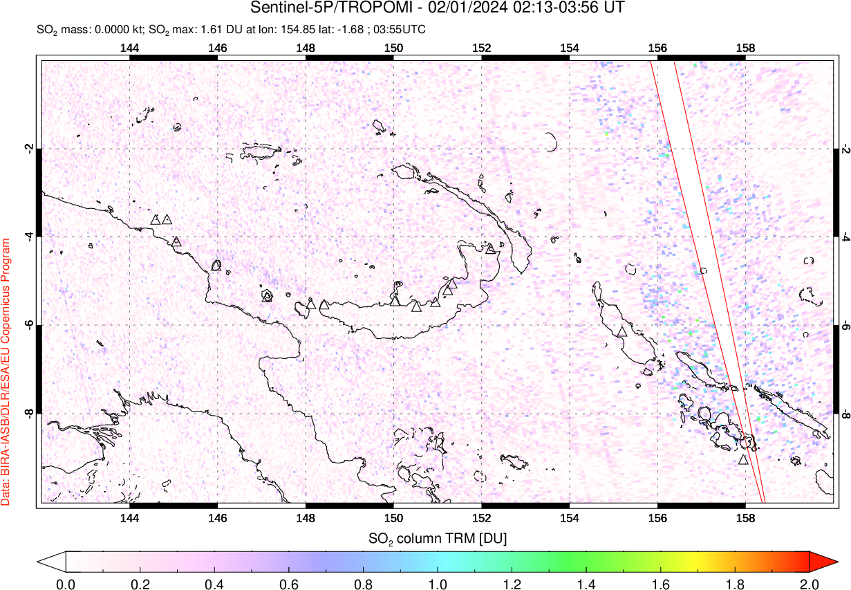 A sulfur dioxide image over Papua, New Guinea on Feb 01, 2024.