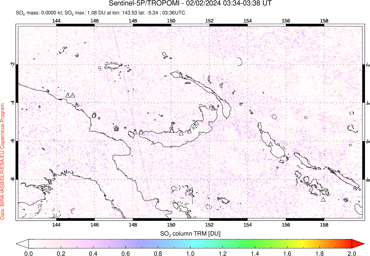 A sulfur dioxide image over Papua, New Guinea on Feb 02, 2024.