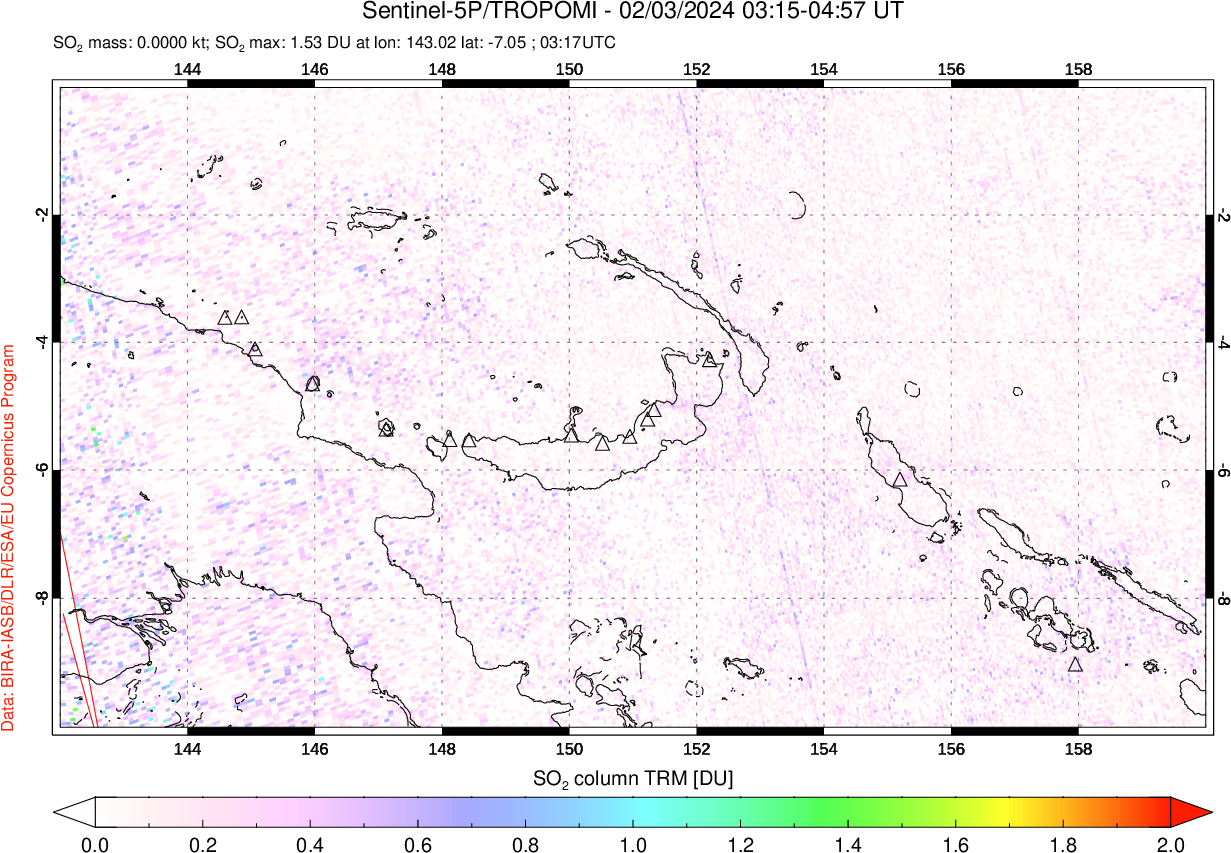 A sulfur dioxide image over Papua, New Guinea on Feb 03, 2024.