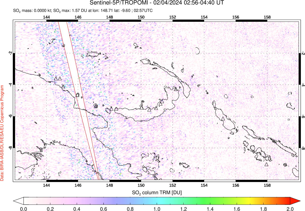A sulfur dioxide image over Papua, New Guinea on Feb 04, 2024.