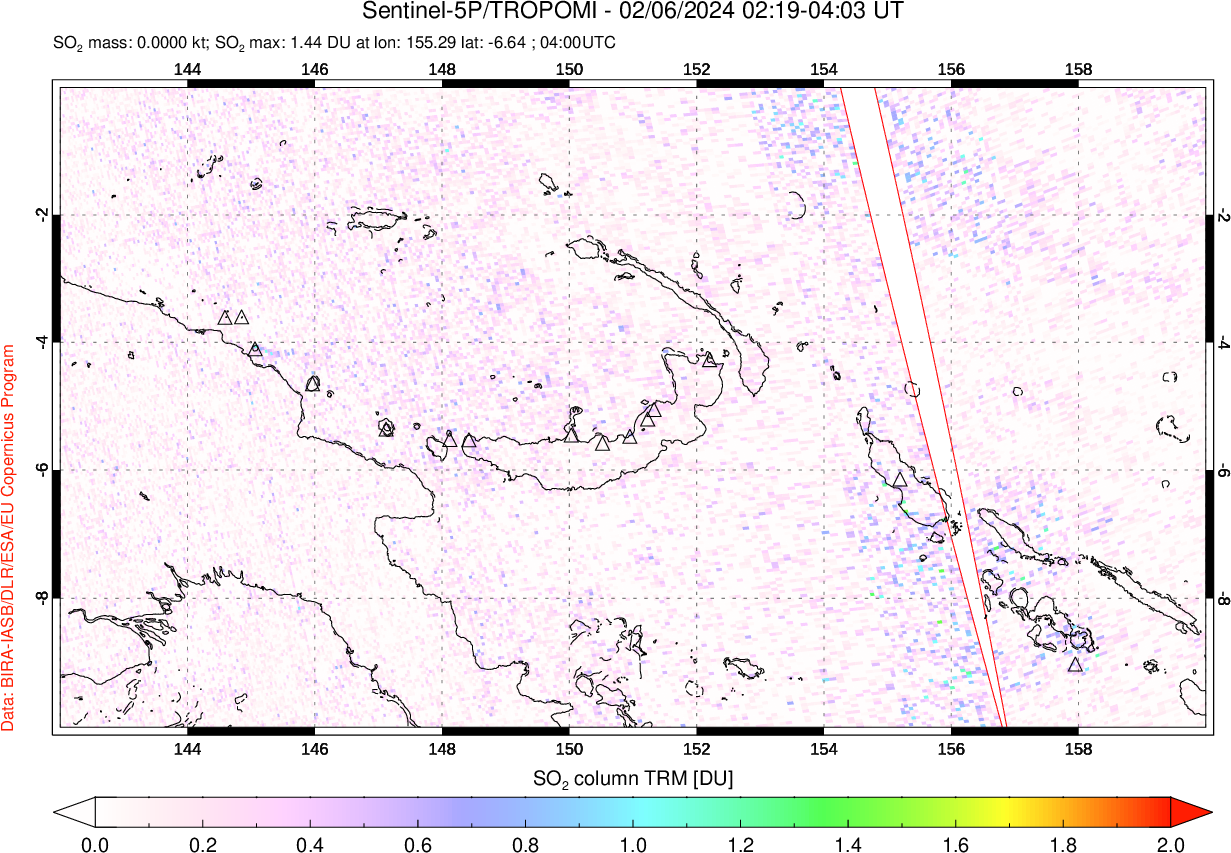 A sulfur dioxide image over Papua, New Guinea on Feb 06, 2024.