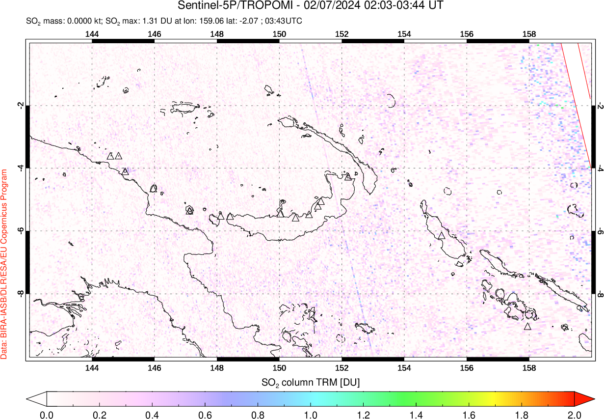 A sulfur dioxide image over Papua, New Guinea on Feb 07, 2024.