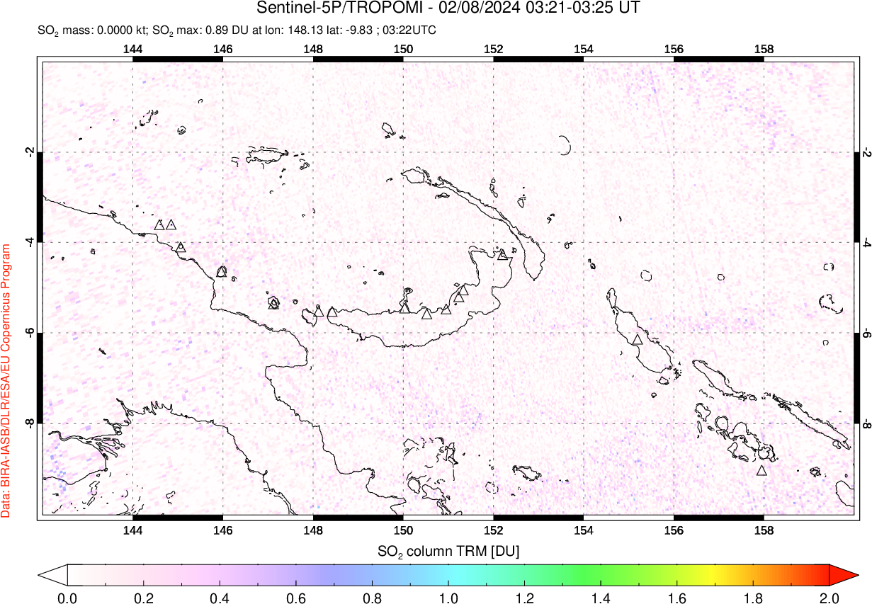 A sulfur dioxide image over Papua, New Guinea on Feb 08, 2024.