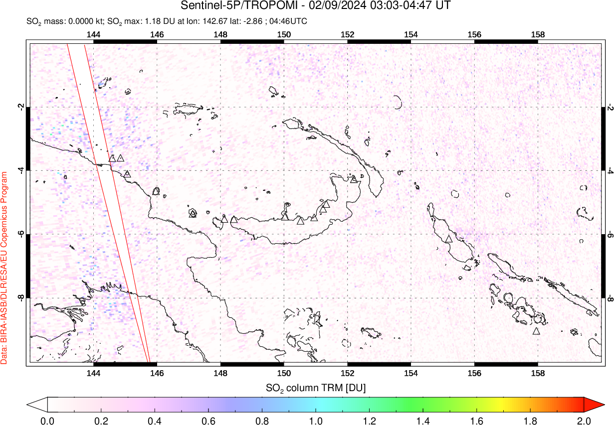 A sulfur dioxide image over Papua, New Guinea on Feb 09, 2024.