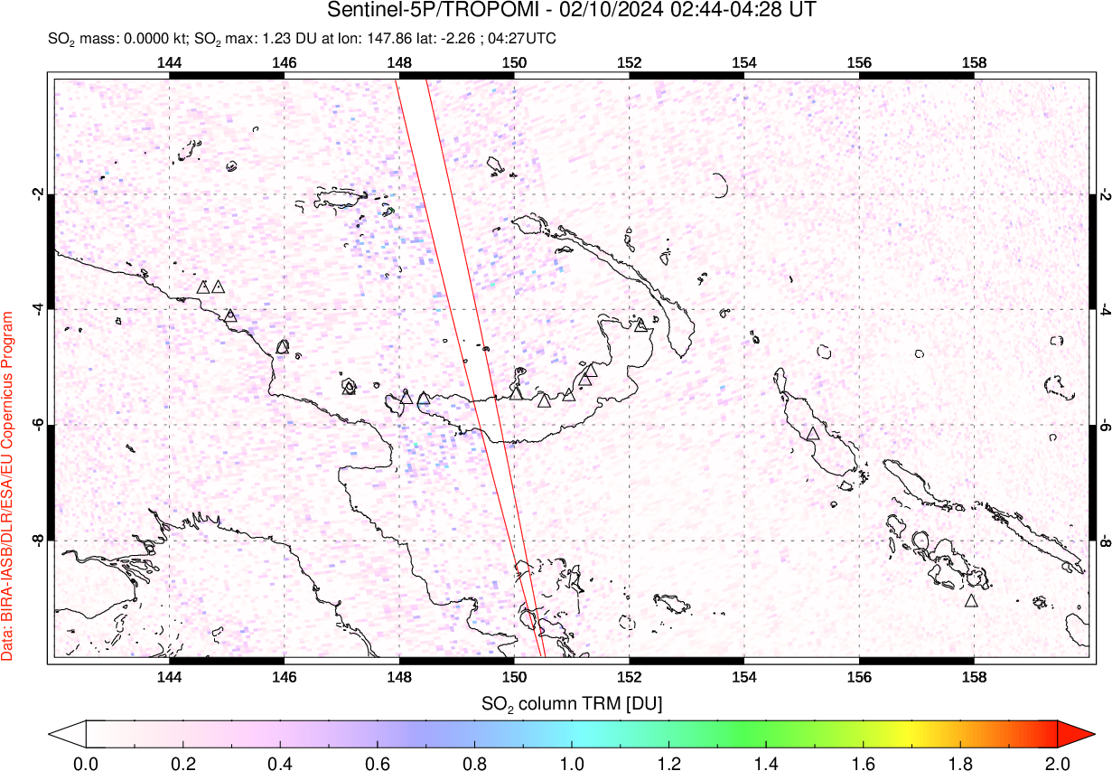 A sulfur dioxide image over Papua, New Guinea on Feb 10, 2024.