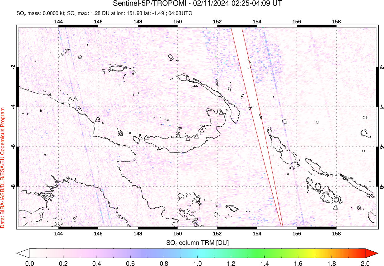 A sulfur dioxide image over Papua, New Guinea on Feb 11, 2024.