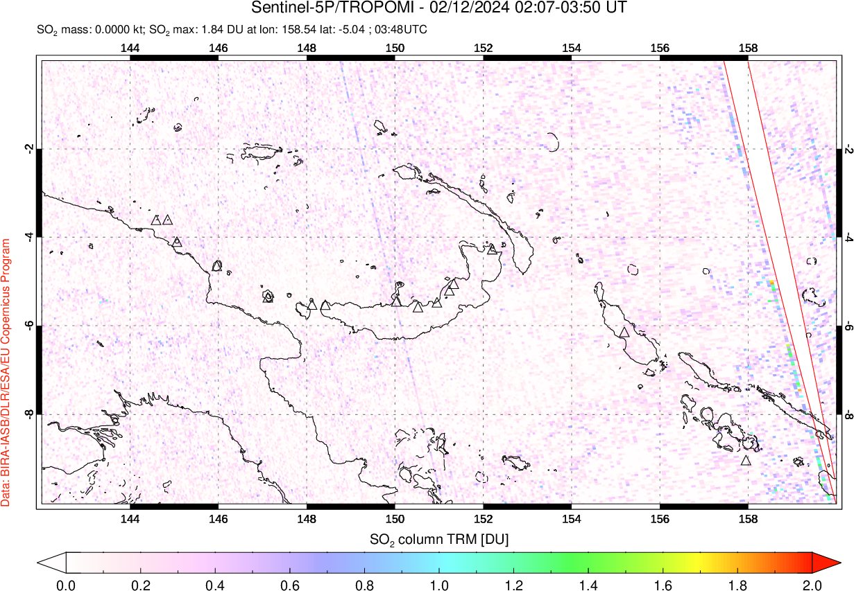 A sulfur dioxide image over Papua, New Guinea on Feb 12, 2024.