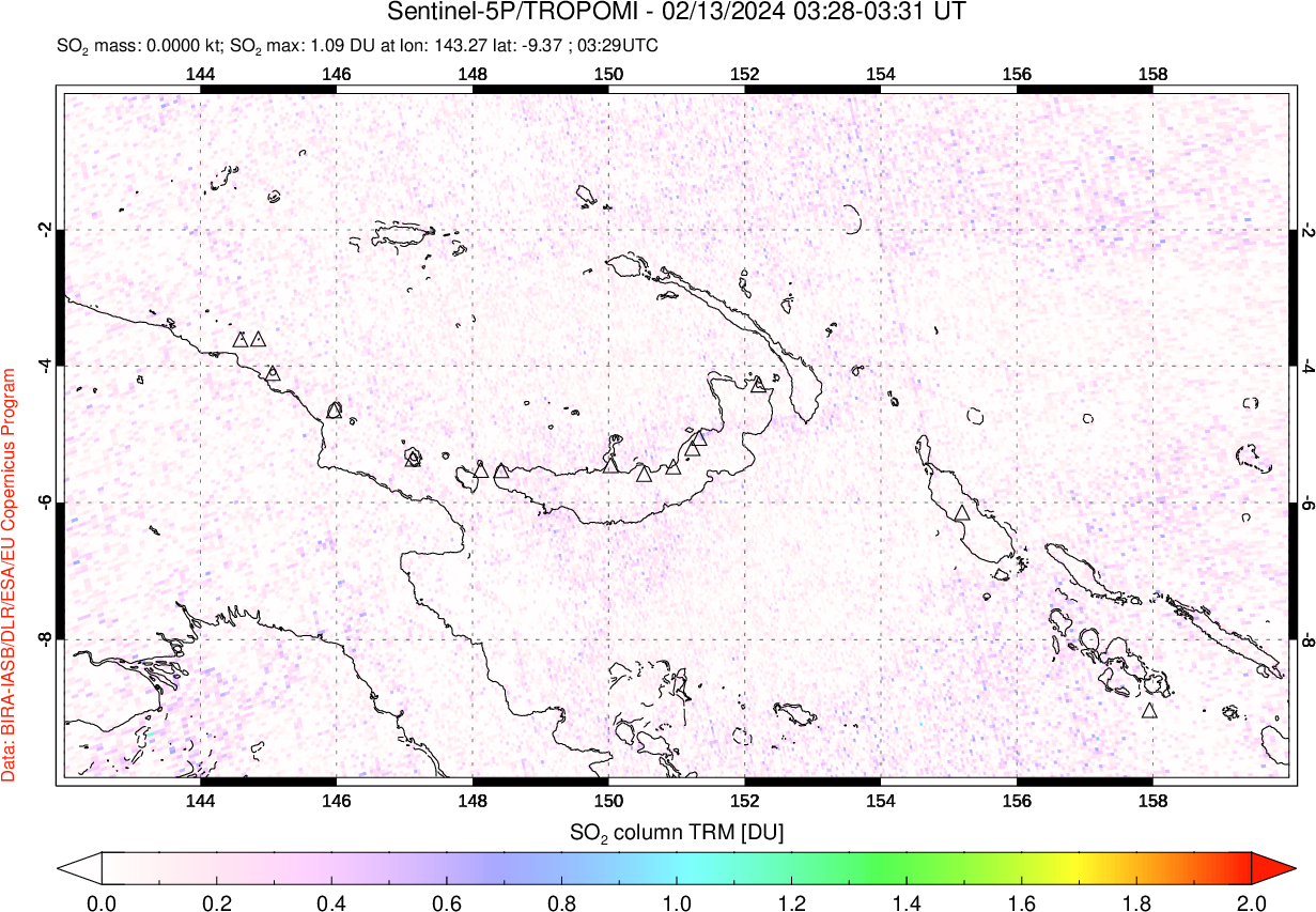 A sulfur dioxide image over Papua, New Guinea on Feb 13, 2024.