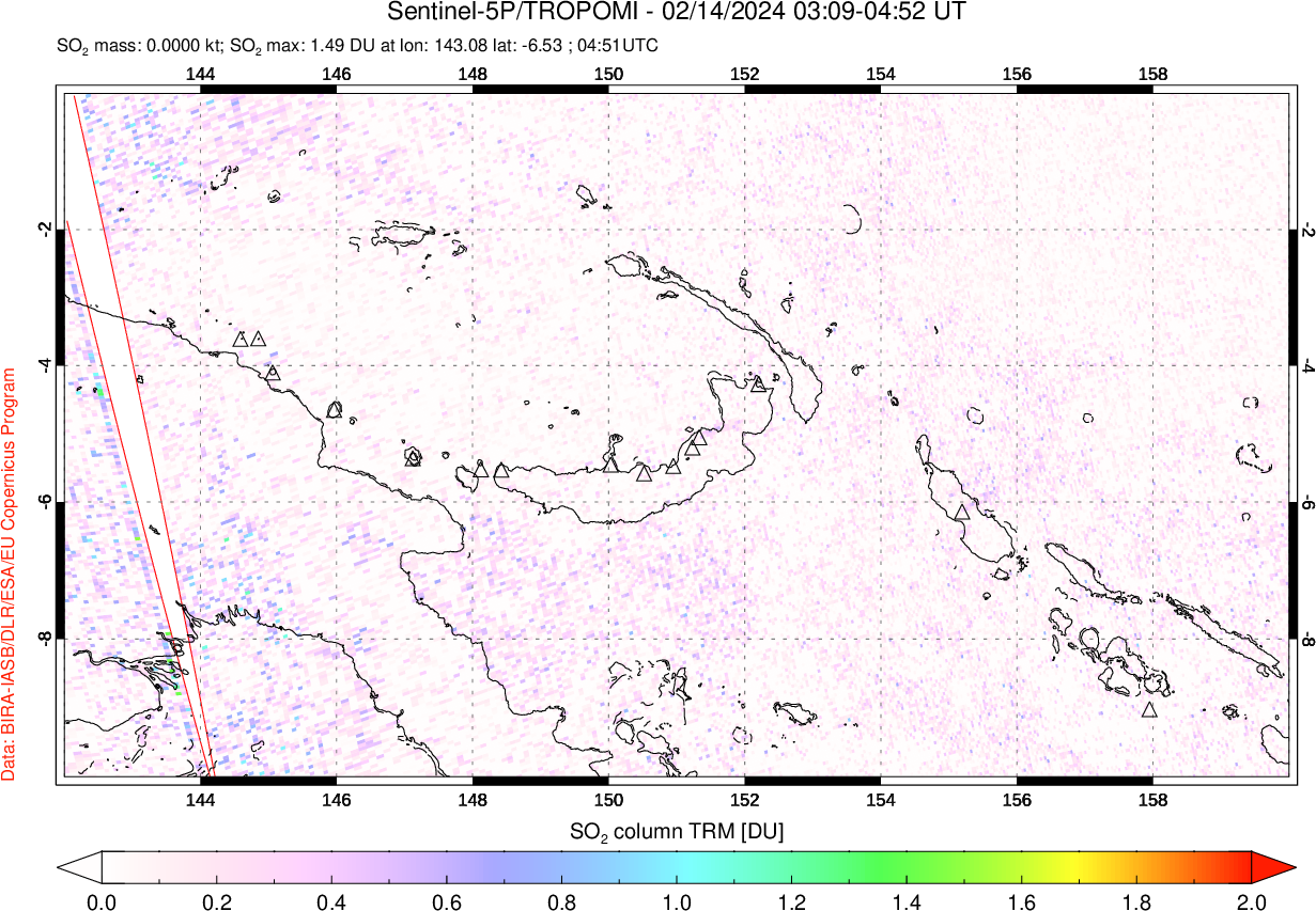 A sulfur dioxide image over Papua, New Guinea on Feb 14, 2024.