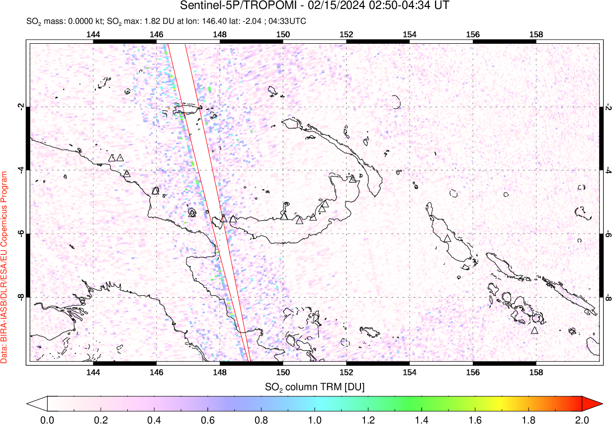 A sulfur dioxide image over Papua, New Guinea on Feb 15, 2024.