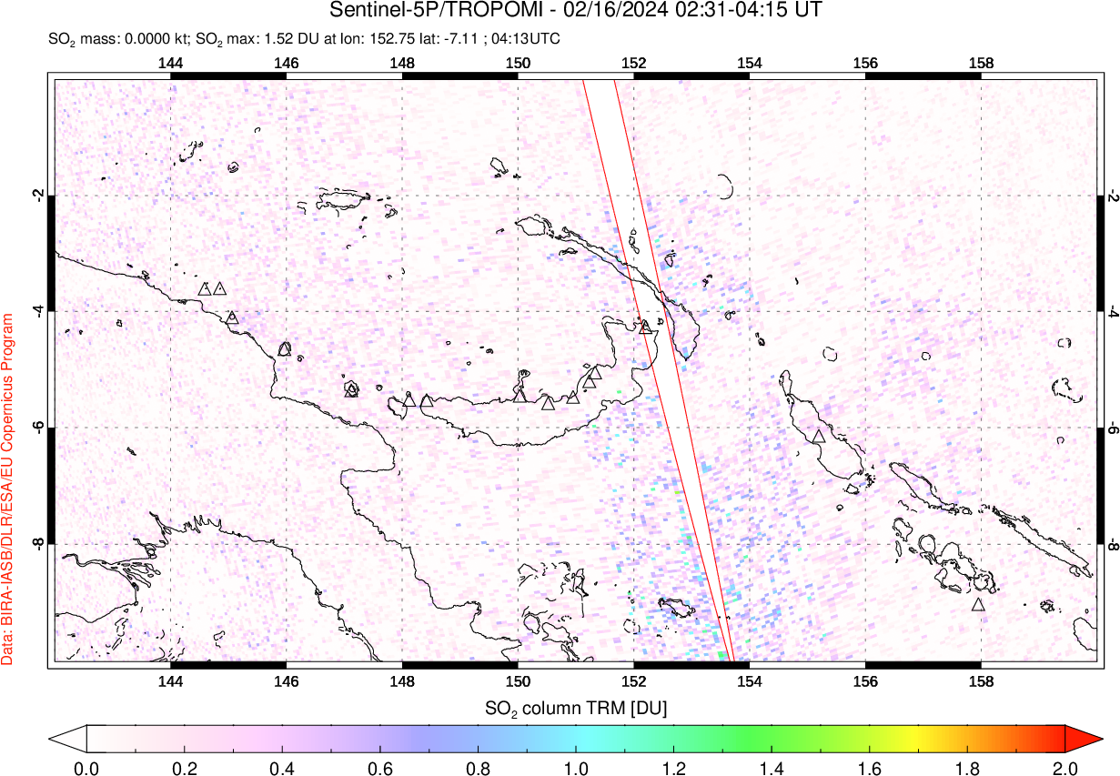 A sulfur dioxide image over Papua, New Guinea on Feb 16, 2024.