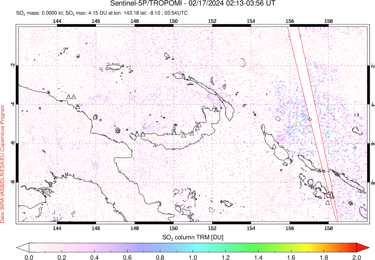 A sulfur dioxide image over Papua, New Guinea on Feb 17, 2024.