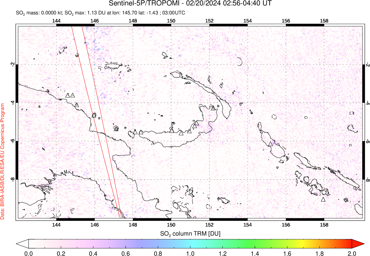 A sulfur dioxide image over Papua, New Guinea on Feb 20, 2024.