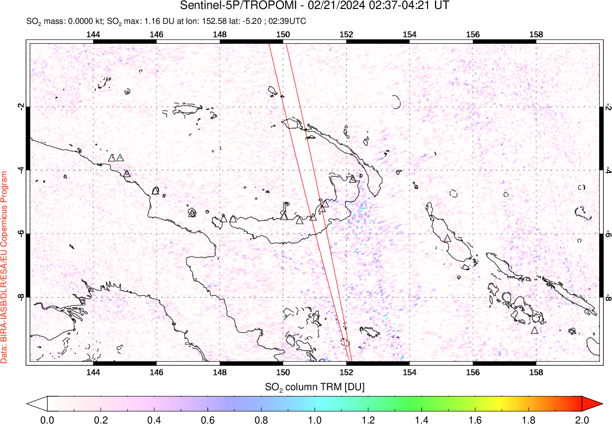 A sulfur dioxide image over Papua, New Guinea on Feb 21, 2024.